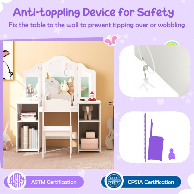 Kids vanity table and chair set in white with removable tri-fold mirror, featuring anti-tipping device for safety.