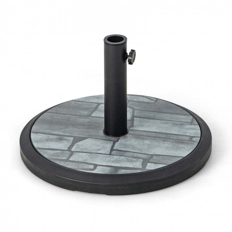 35lbs umbrella base with built-in cement, featuring a powder-coated metal pole and hand tightening knob for stability.