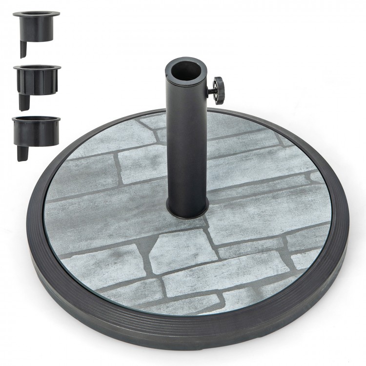 35lbs umbrella base with built-in cement, HDPE material, and metal pole, ideal for patio and garden use.