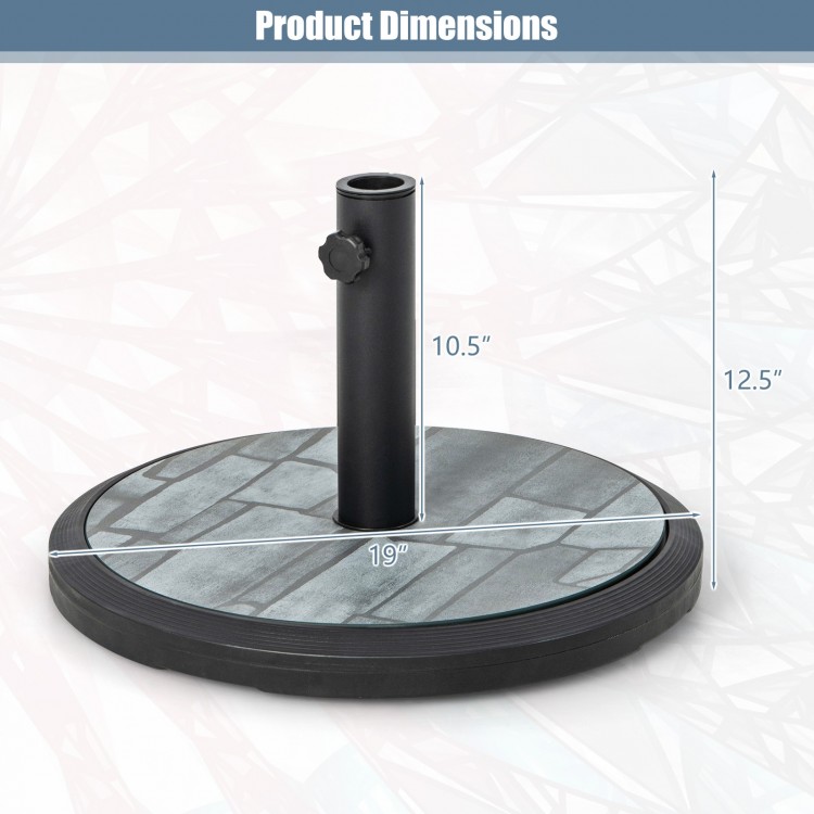 35lbs umbrella base with built-in cement, featuring a 19-inch diameter and adjustable pole for stability in outdoor.