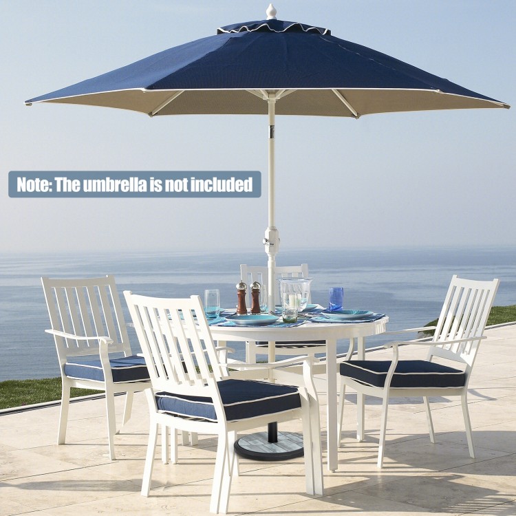 35lbs umbrella base with built-in cement, designed for secure support of various umbrella sizes in outdoor patios.