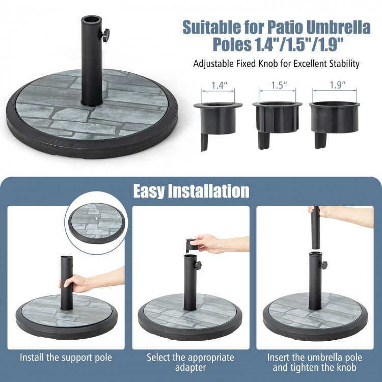 35lbs umbrella base with built-in cement, adjustable for 1.4", 1.5", or 1.9" poles, ideal for patio and garden use.