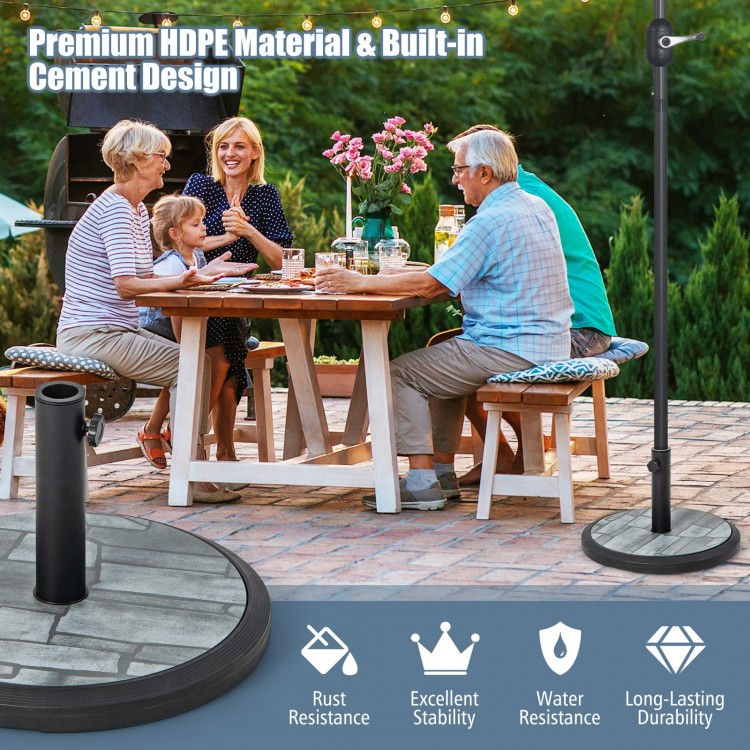 35lbs umbrella base with built-in cement for stability, made of HDPE material, ideal for patio and garden use.