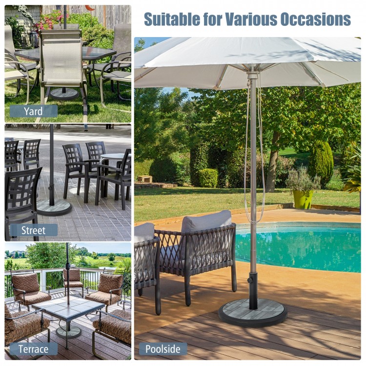 35lbs umbrella base with built-in cement, durable HDPE material, for patio and poolside use with various umbrella sizes.