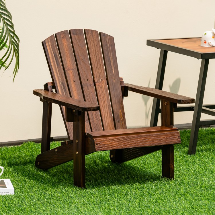 Kid's Adirondack chair in coffee color, made from natural fir wood, featuring a high backrest and wide armrests for.