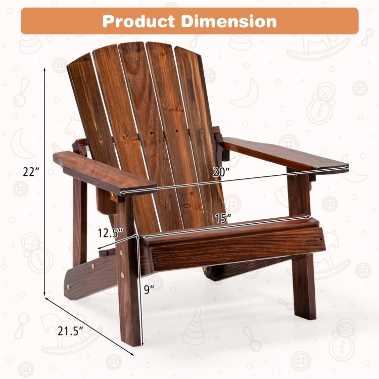 Kid's Adirondack chair dimensions showing high backrest and wide armrests, made from weather-resistant fir wood.
