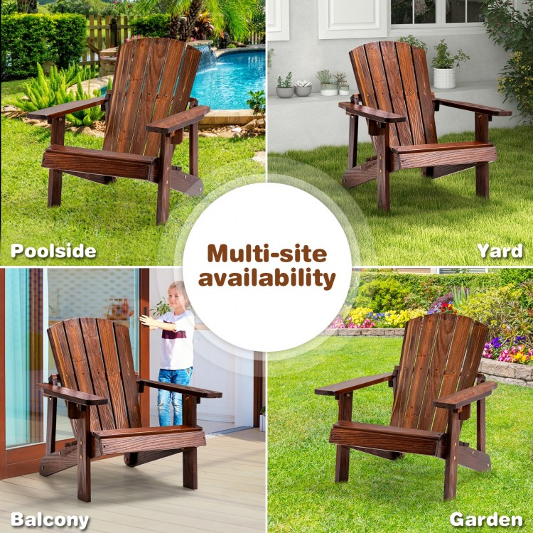 Kid's Adirondack chair in coffee color, made from natural fir wood, suitable for balcony, yard, and poolside use.