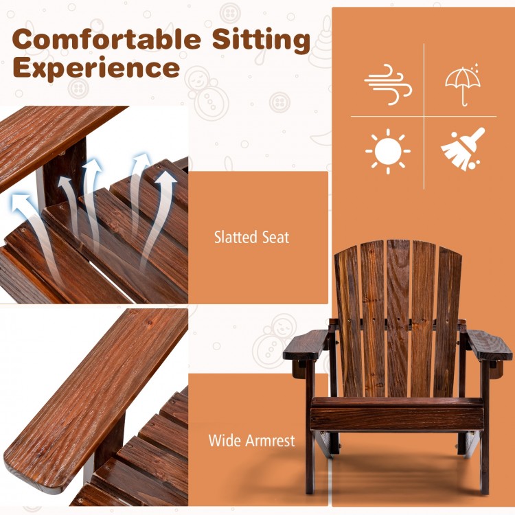 Kid's Adirondack chair with high backrest and wide armrest, made of natural fir wood, ideal for outdoor use.