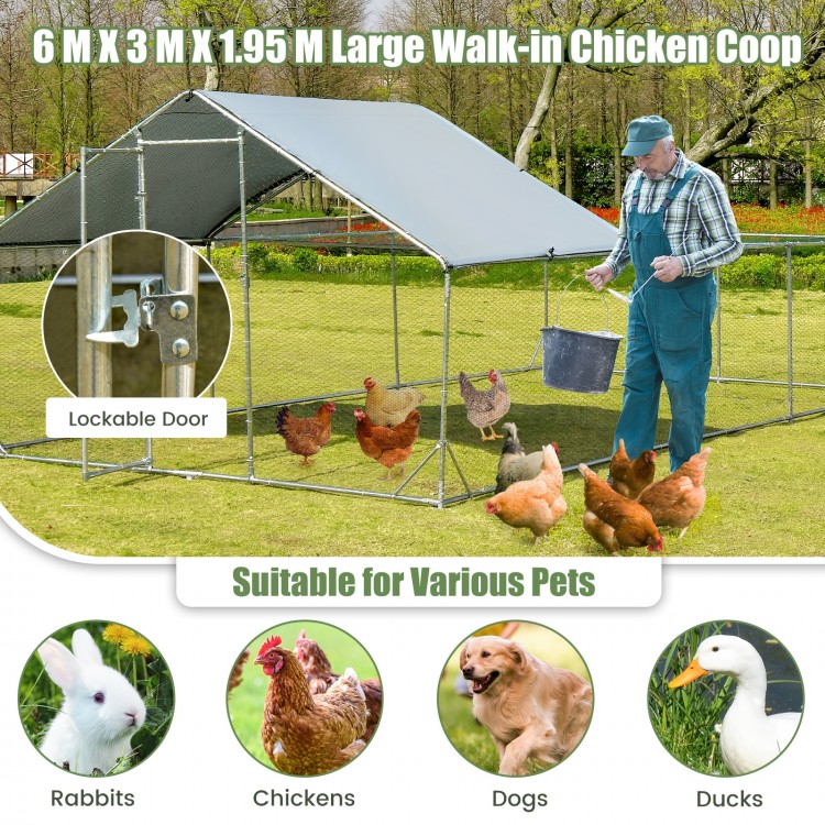 Large metal chicken coop with waterproof cover, featuring a lockable door and sturdy galvanized steel pipes for various.