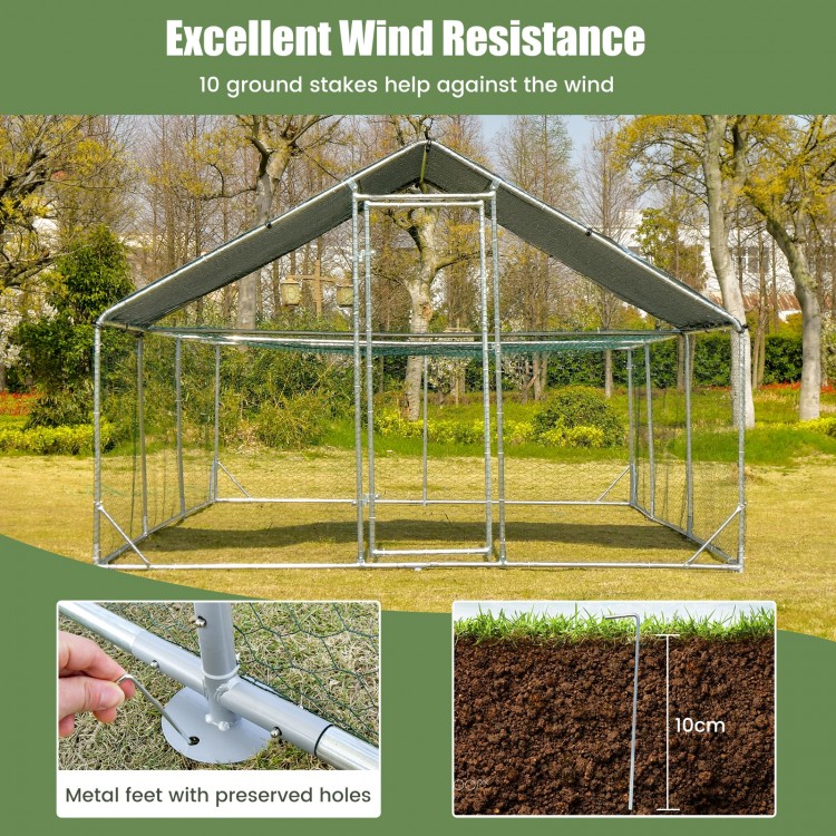 Large metal chicken coop with waterproof cover, featuring sturdy galvanized steel and 10 ground stakes for wind.