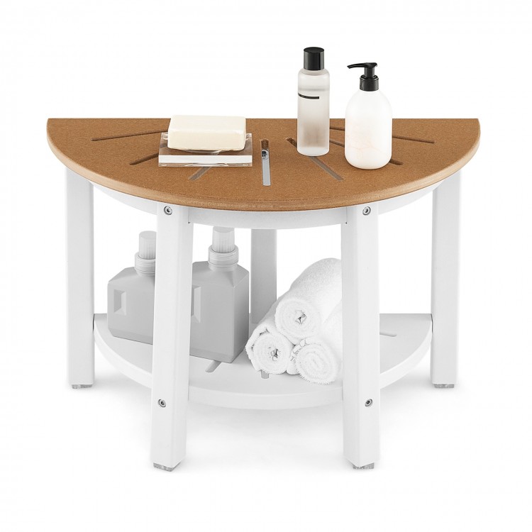 Semicircular waterproof HDPE shower bench with storage shelf, featuring a brown seat and sturdy design for versatile.