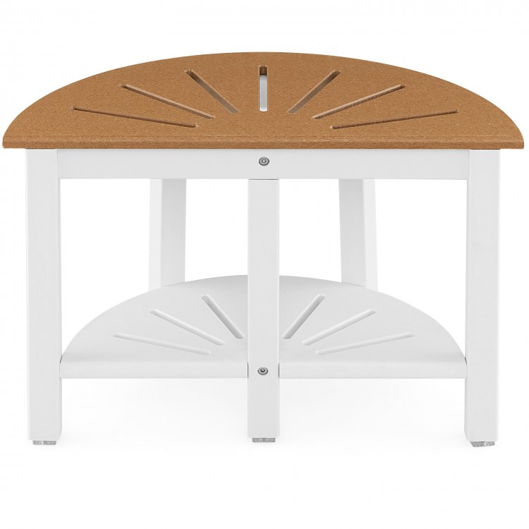 Semicircular waterproof HDPE shower bench in brown with storage shelf, suitable for indoor and outdoor use.
