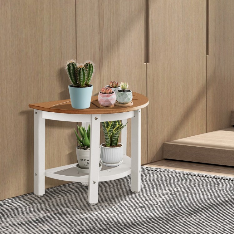 Brown waterproof HDPE shower bench with semicircular design and a 2-tier storage shelf, perfect for stylish.