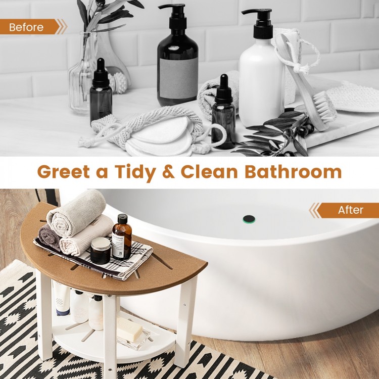 Waterproof HDPE shower bench with semicircular seat and storage shelf, perfect for a tidy bathroom or entryway.