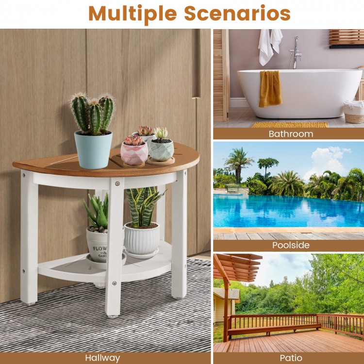 Semicircular waterproof HDPE shower bench in brown with a storage shelf, ideal for bathroom and patio use.