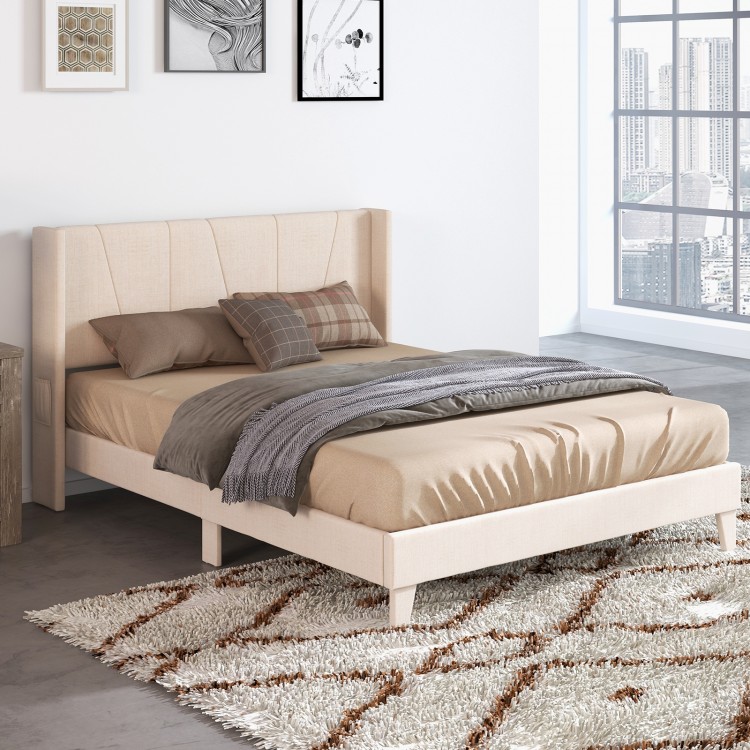 Queen size upholstered bed frame with geometric wingback headboard, featuring breathable linen fabric and under-bed.