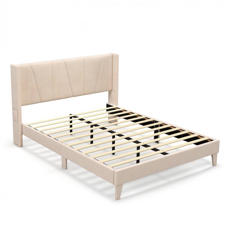 Upholstered queen size bed frame with geometric wingback headboard, breathable linen fabric, and under-bed storage.