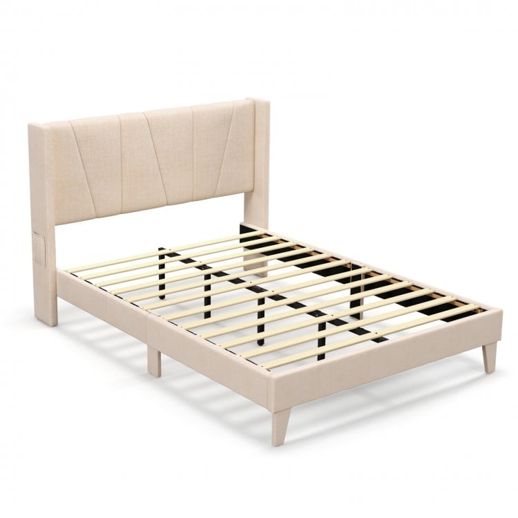 Upholstered full/queen bed frame with geometric wingback headboard, featuring breathable linen and under-bed storage.