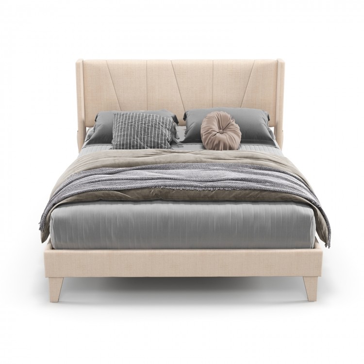 Queen size upholstered bed frame with geometric wingback headboard, featuring breathable linen fabric and elastic.