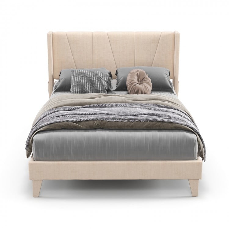 Full/Queen size upholstered bed frame with geometric wingback headboard in beige, featuring breathable linen fabric and.