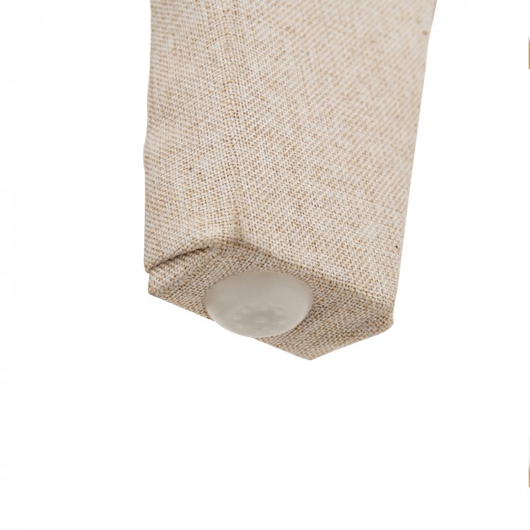 Close-up of the upholstered bed frame leg with anti-friction EVA pad, featuring breathable linen fabric and geometric.