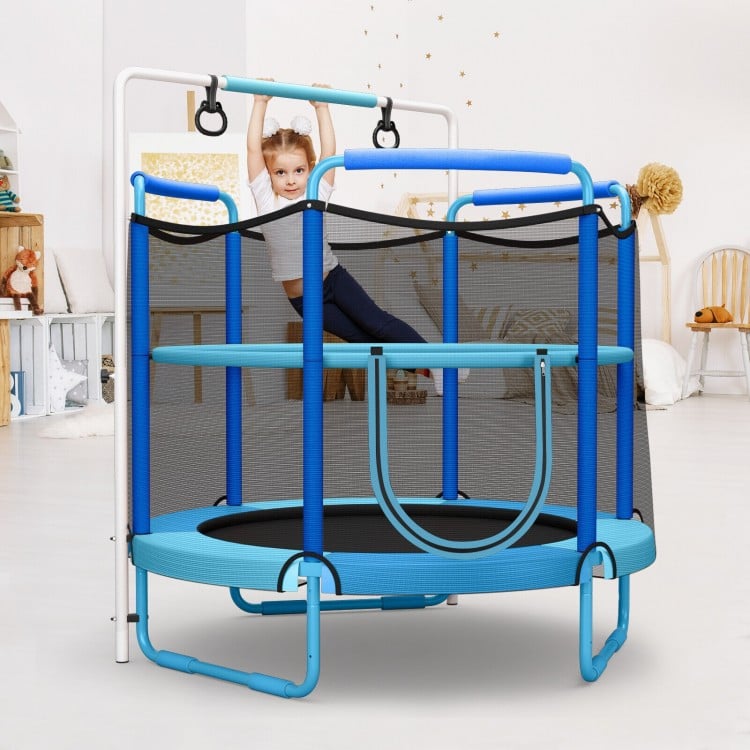 5ft kids trampoline with blue enclosure net, adjustable horizontal bar, and gymnastic rings for safe indoor play.
