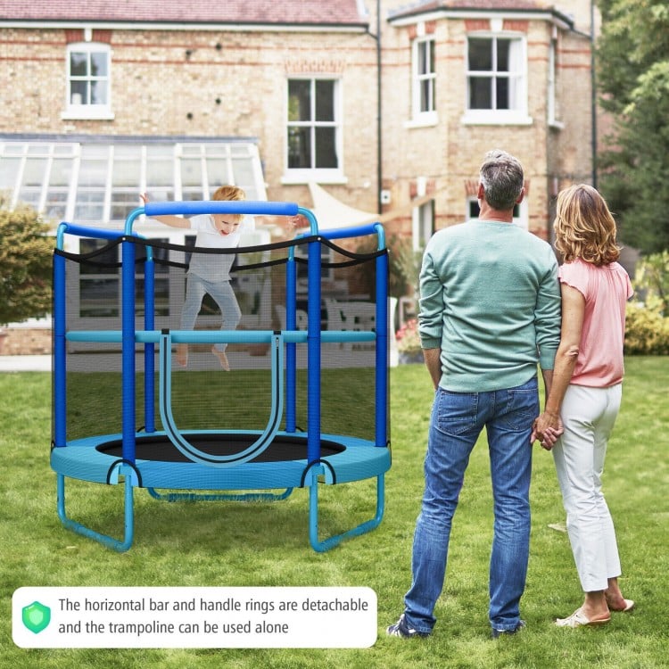 5ft kids trampoline with adjustable horizontal bar and enclosure net, perfect for safe outdoor play and exercise.