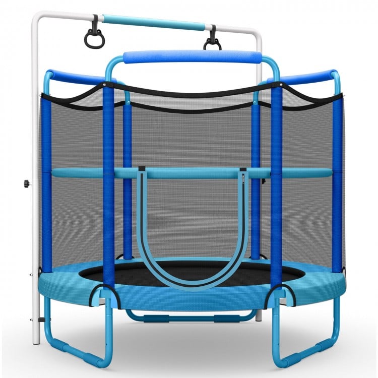 5ft kids trampoline in blue with enclosure net, adjustable horizontal bar, and gymnastic rings for safe outdoor fun.