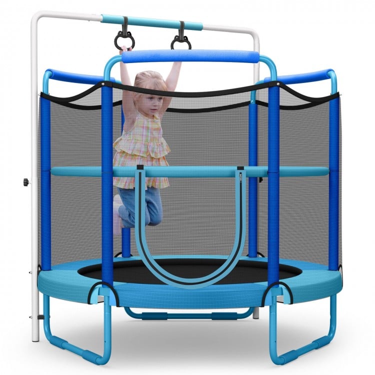 5ft kids trampoline with adjustable horizontal bar and cat-shape gymnastic rings for safe indoor and outdoor fun.