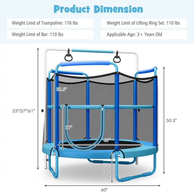 5ft kids trampoline with blue enclosure net, adjustable horizontal bar, and cat-shaped gymnastic rings for safe fun.