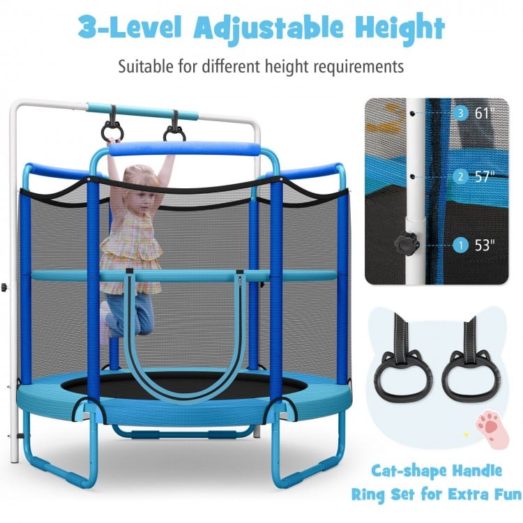 5ft kids trampoline with adjustable height, cat-shape rings, and safety net for indoor and outdoor fun.