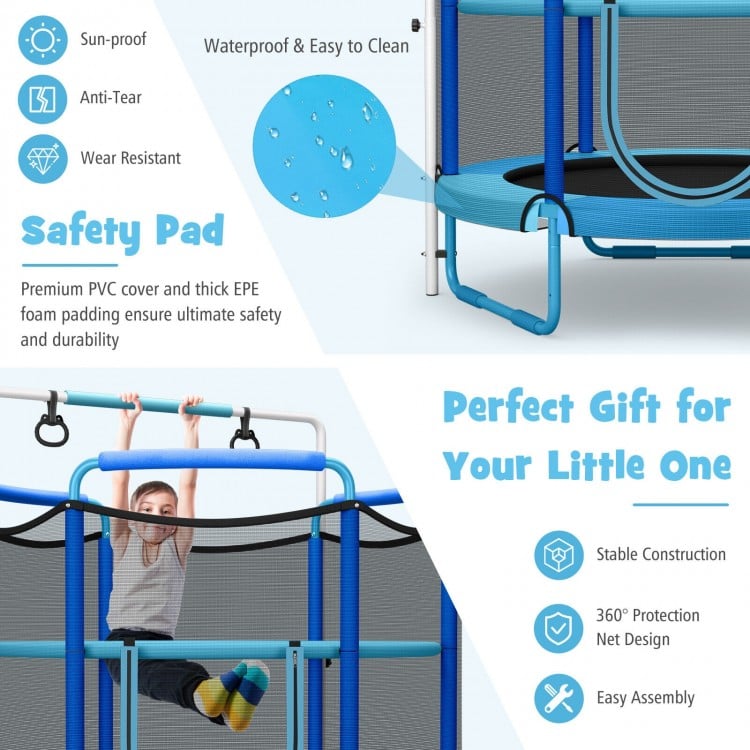 5ft kids trampoline with enclosure net, adjustable horizontal bar, and safety pad for secure indoor and outdoor fun.