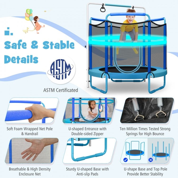 5ft kids trampoline with enclosure net, adjustable horizontal bar, and cat-shape rings for safe indoor and outdoor fun.