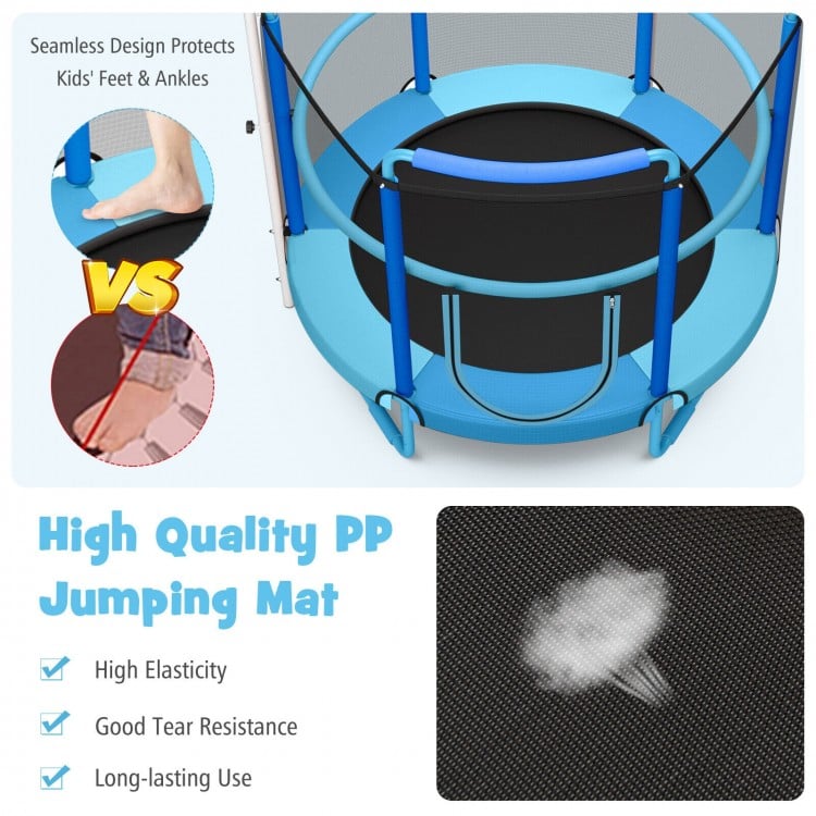 Close-up of the high-elastic PP jumping mat of the 5ft kids trampoline, showcasing its tear-resistant and waterproof.
