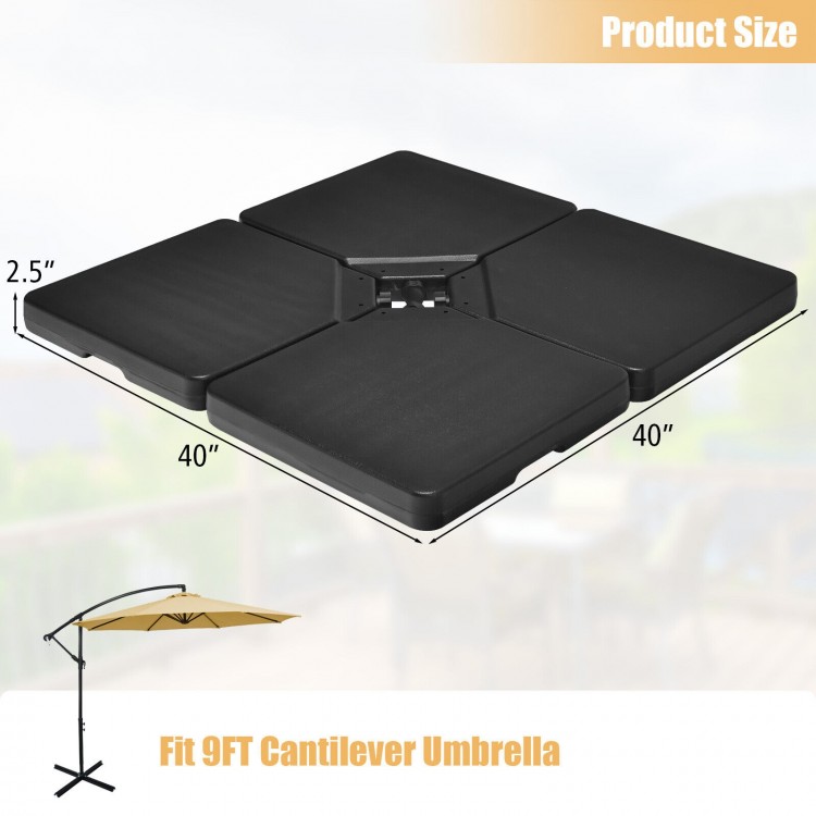 Four-piece 13L cantilever umbrella base in black, designed for 9FT umbrellas, featuring easy-fill spouts for stability.