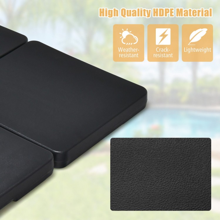 Close-up of a black HDPE patio umbrella base plate, showcasing its crack-resistant texture and easy-fill spouts for.