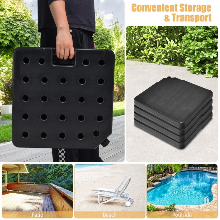 Stackable 4-piece patio umbrella base made of durable HDPE, featuring easy-fill spouts for sand and a hidden handle for.