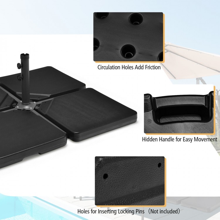 Cantilever offset patio umbrella base showing circulation holes, hidden handle, and easy-fill spouts for stability.