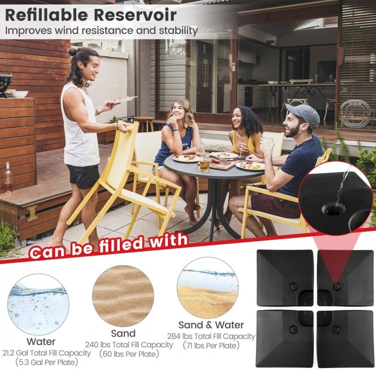 4-piece cantilever offset patio umbrella base with refillable reservoir, made of HDPE, suitable for outdoor use.