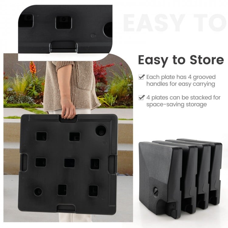 Stackable 4-piece patio umbrella base made of HDPE, featuring handles for easy transport and 200 lbs water capacity.