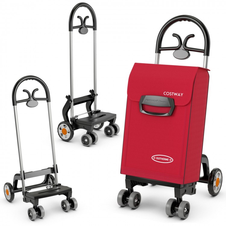 Folding shopping cart in red with 360° swivel wheels, lightweight aluminum frame, and machine washable bag for easy.