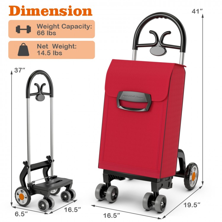 Folding shopping cart in red with 360° swivel wheels, lightweight aluminum frame, and ergonomic handle for easy.