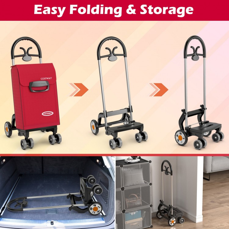 Folding shopping cart utility hand truck in red with 360° swivel wheels, lightweight aluminum base, and easy storage.