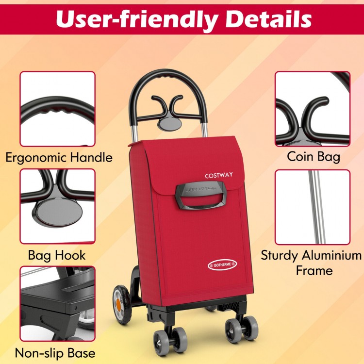 Folding shopping cart in red with ergonomic handle, 360° swivel wheels, and sturdy aluminum frame for easy mobility.
