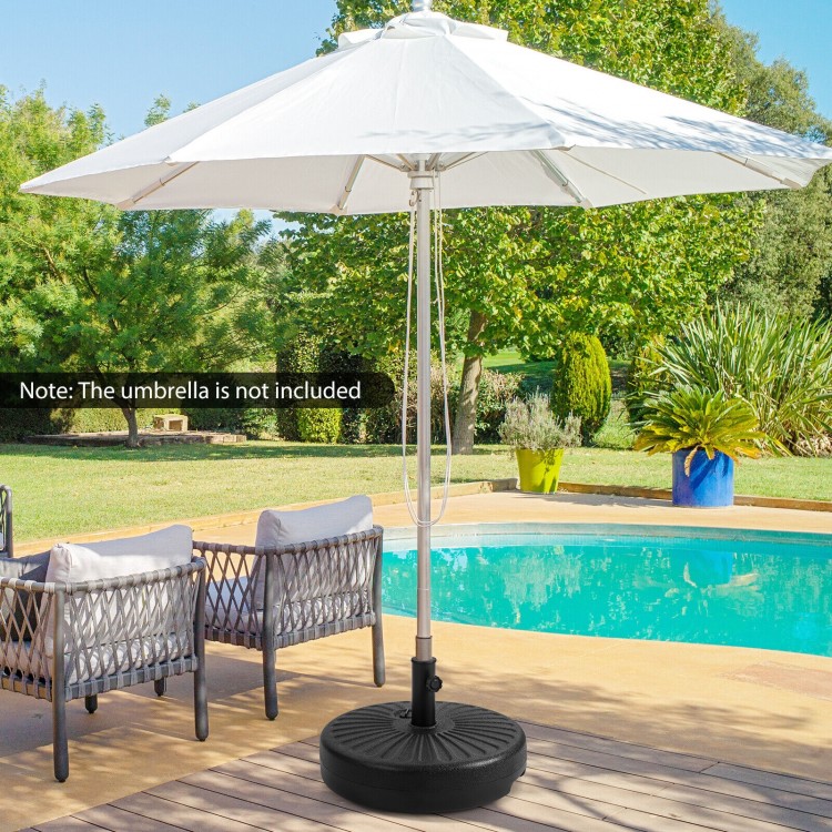 Heavy-duty 20-inch round umbrella base stand, fillable with sand or water, designed for stability in outdoor settings.