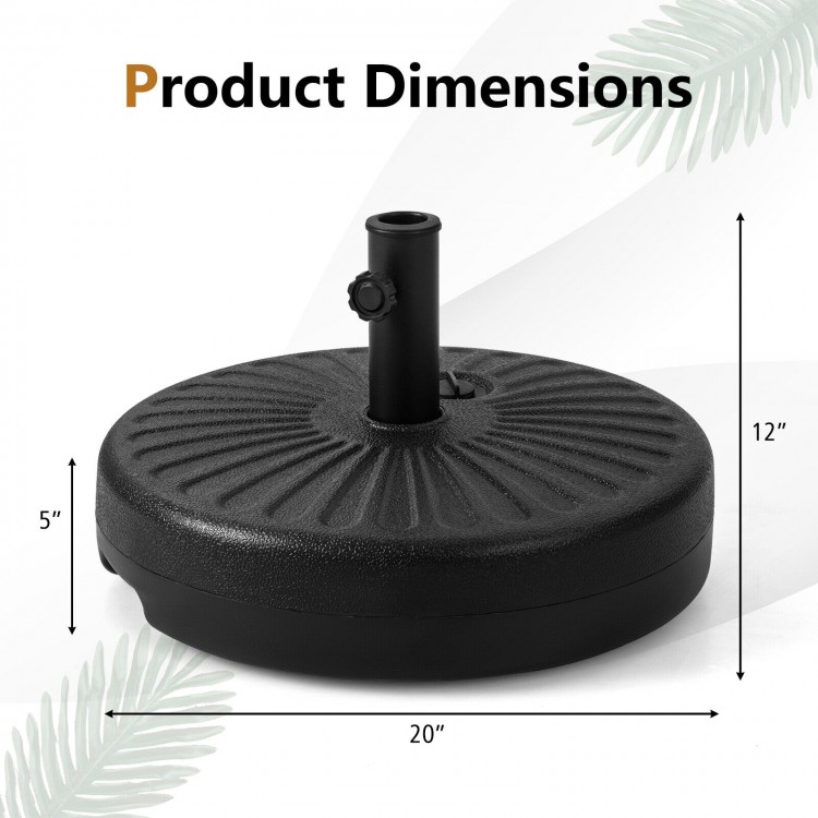Heavy-duty 20-inch round umbrella base stand with a fillable reservoir for stability, designed for patio and garden use.