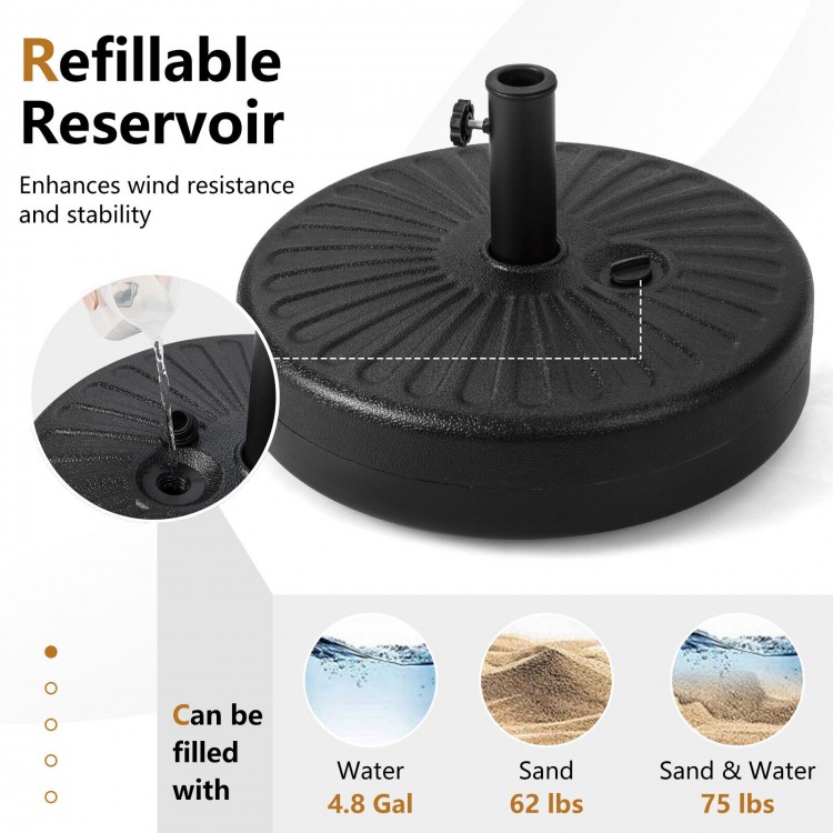 Heavy-duty 20-inch round umbrella base stand with refillable reservoir for sand or water, enhancing stability for.
