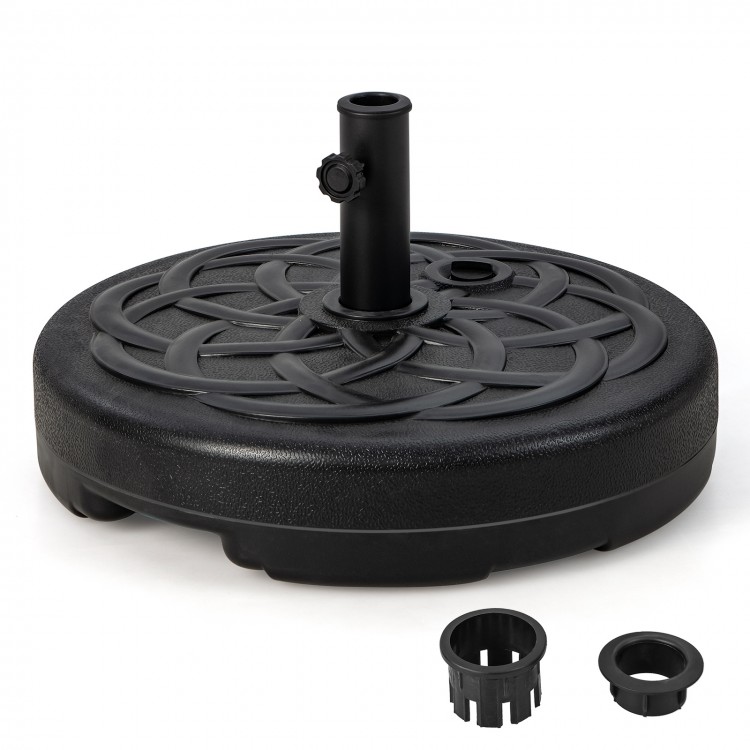 Heavy-duty 22-inch round patio umbrella base stand with fillable reservoir, suitable for 1.5"/1.9" umbrella poles.