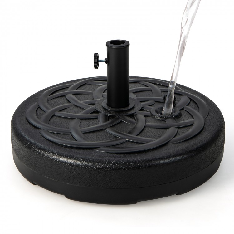 Heavy-duty 22-inch round patio umbrella base stand with fillable reservoir, designed for stability and easy carrying.