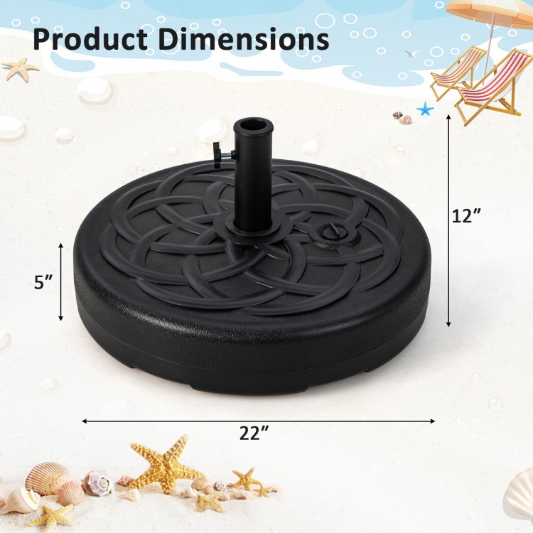 Heavy-duty 22-inch round patio umbrella base stand with a fillable reservoir for stability, ideal for outdoor use.